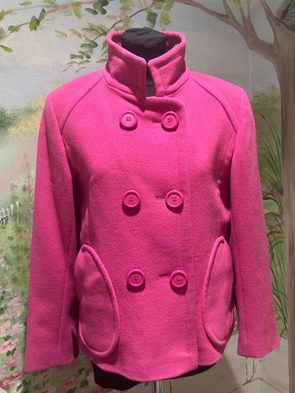Vintage DAMO Orange Label Hot Pink/Magenta Double-Breasted Wool/Cashmere PeaCoat